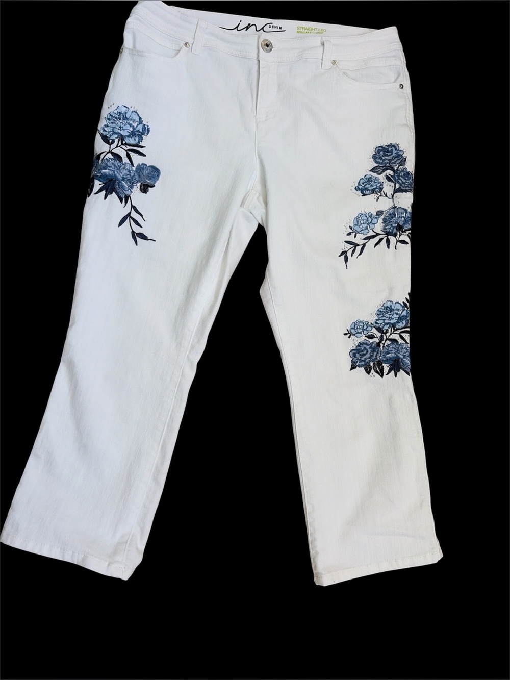 INC denim straight leg regular fit crop size 12 EUC white embroidered